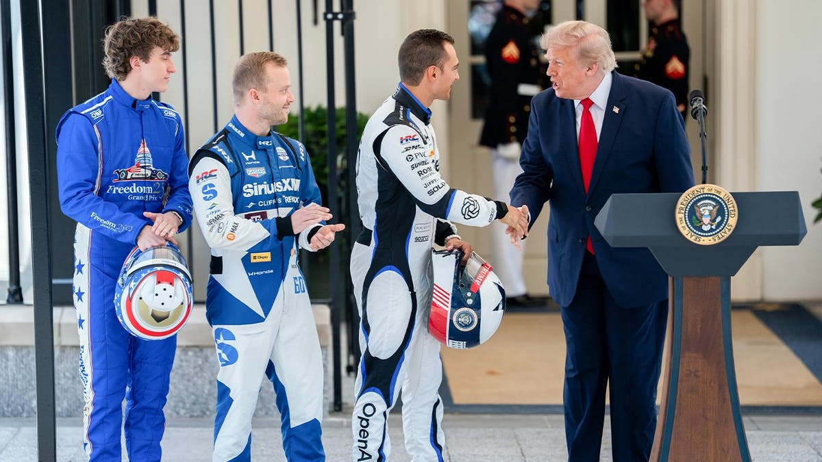 David Malukas, Felix Rosenqvist, and Alex Palou with President Trump