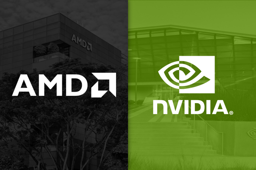 Prediction: This Artificial Intelligence (AI) Semiconductor Stock Will Outperform Nvidia Over the Next 3 Years AMD and Nvidia logos.