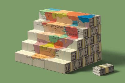 An illustration of steps made from stacked U.S. hundred-dollar bills, topped with a colorful map of Africa, with a small stack of extra cash sitting nearby on a green surface.