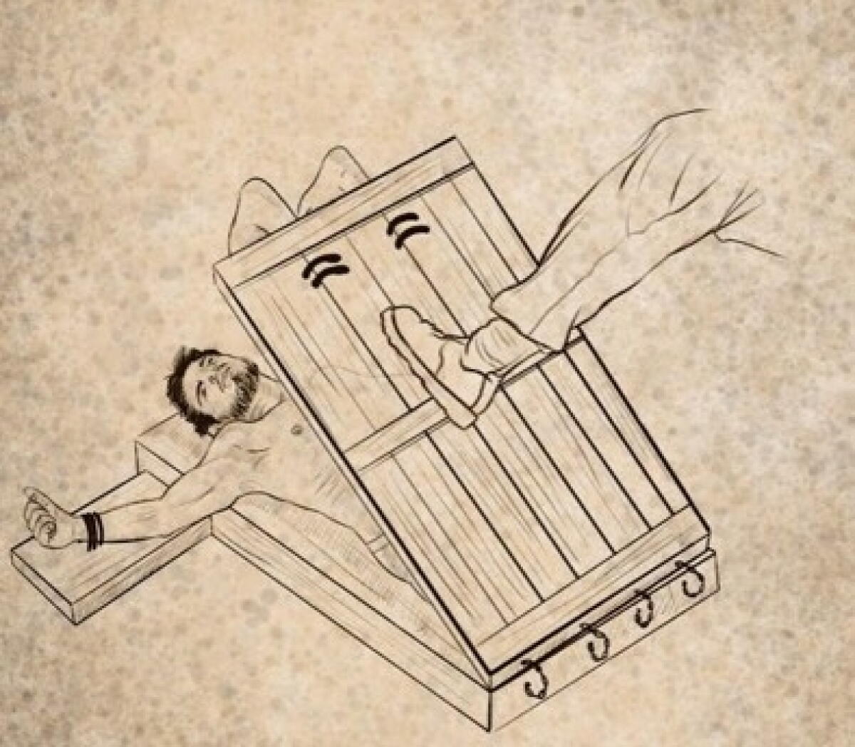 Illustration of a human being tortured inside a hinged wooden device that folds him in two