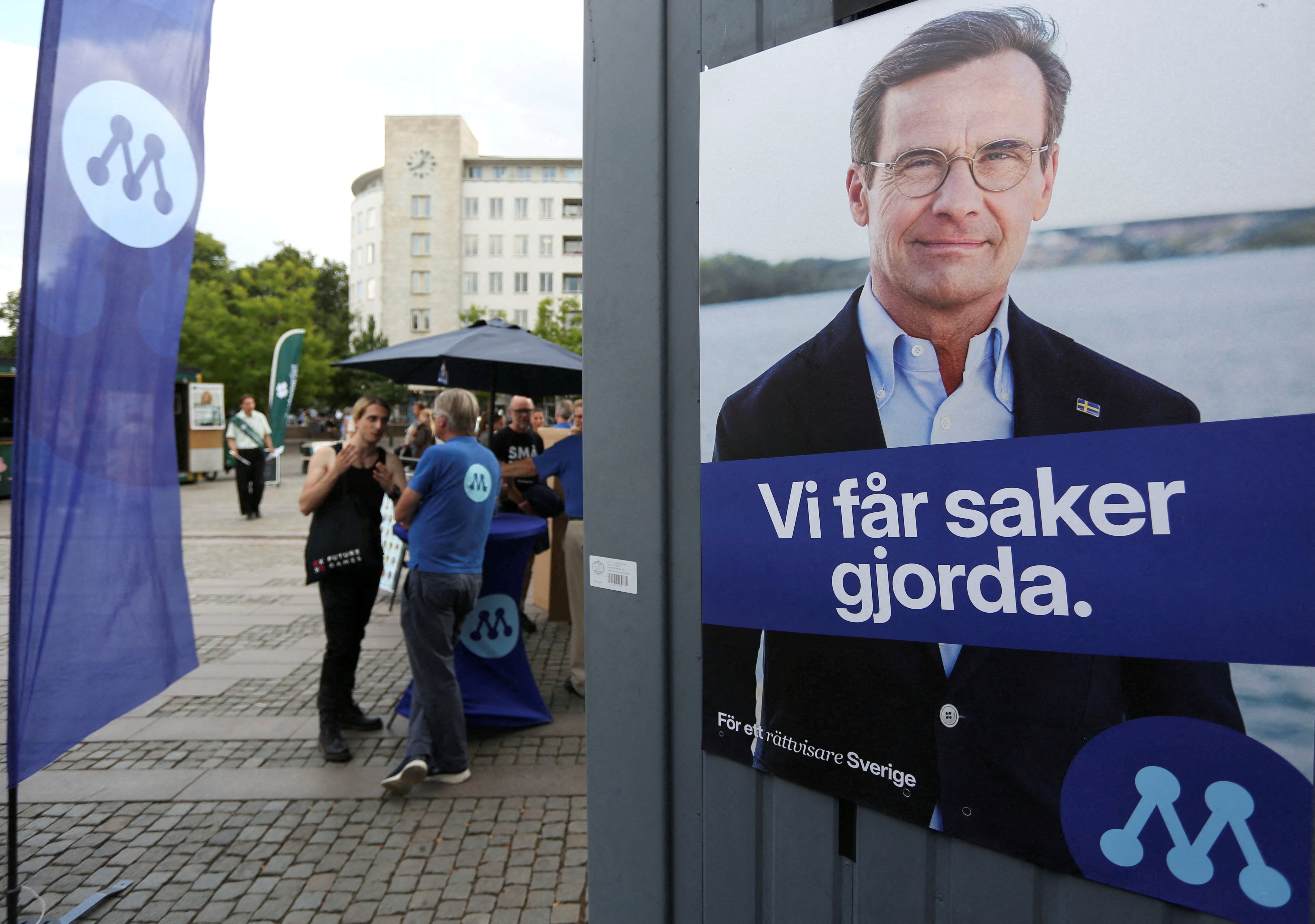 A poster of Swedish Prime Minister and leader of the Moderates Ulf Kristersson on his party’s campaign stand for the upcoming election in Malmo, Sweden, August 26, 2026