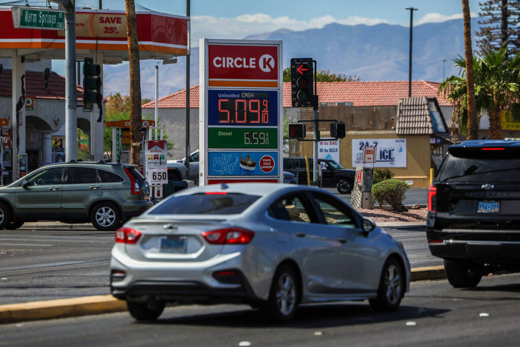 Ely-area refinery restarts as Nevada seeks more in-state fuel capacity | Energy Cars pass by advertised gas prices at 1777 E Warm Springs Rd in Las Vegas Thursday, Sept. 24, 2 ...