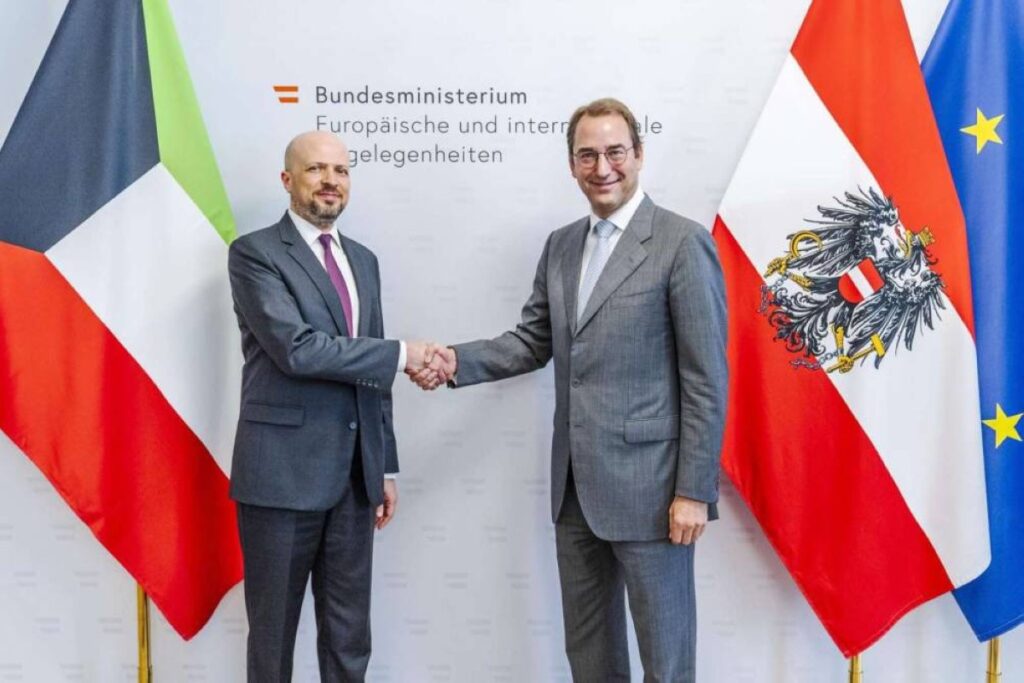 Kuwait’s ambassador, Austrian official discuss ties and Hormuz security Ambassador of the State of Kuwait to the Republic of Austria, Fawaz Bursli, with the Secretary-General of the Austrian Foreign Ministry, Nikolaus Marschik. — KUNA