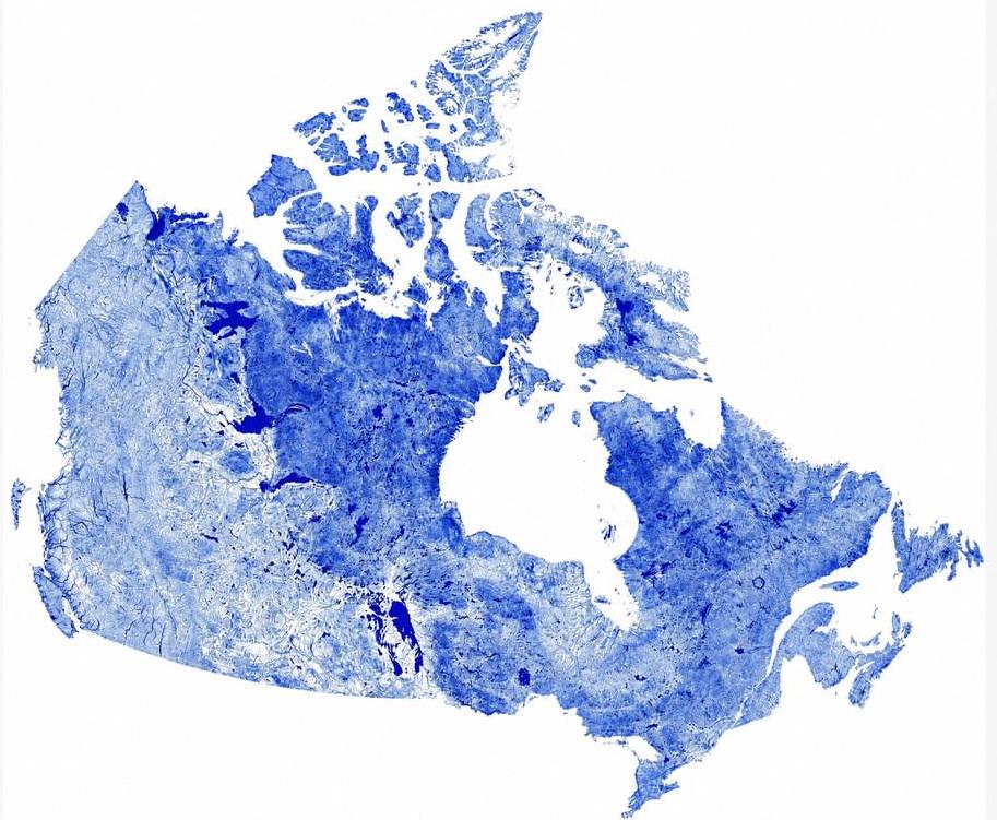 Canada drawn using only its rivers, lakes and streams