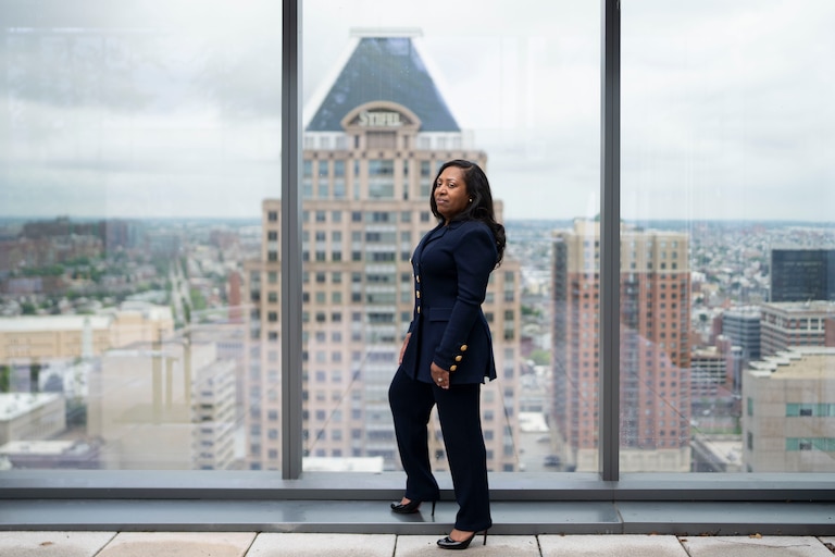 Sabrina Tapp-Harper poses for a portrait at her home in Baltimore, Wednesday, May 27, 2026. Tapp-Harper is challenging Sam Cogen for Baltimore city sheriff.