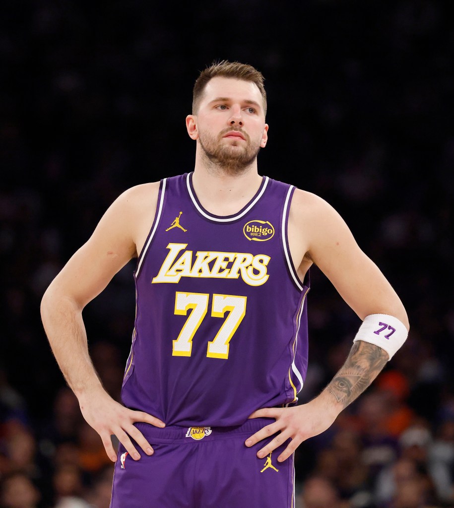 Los Angeles Lakers guard Luka Doncic reacts on the court during the second quarter of a game against the New York Knicks at Madison Square Garden in New York, Sunday, Feb. 1, 2026.