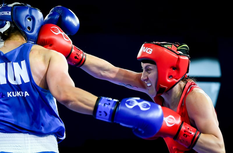 Ireland’s Michaela Walsh in action in her semi-final against Kukhta Vlagyszlava of Hungary. Photograph: Ryan Byrne/Inpho