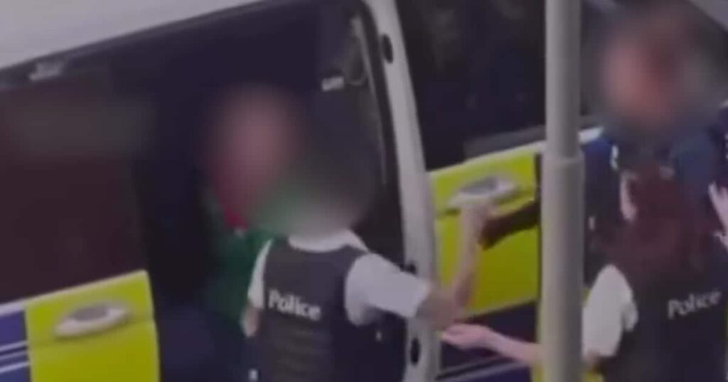 Walloon police officer delivers a hard blow to a handcuffed woman who refuses to get into a car