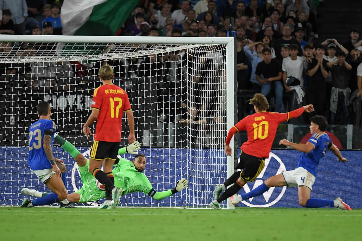 ROME, ITALY - SEPTEMBER 25: Mika Godts of Belgium scores a opening goal during the UEFA Nations League 2026/27 group phase match between Italy and Belgium at Stadio Olimpico on September 25, 2026 in Rome, Italy. (Photo by Marco Rosi/Getty Images)