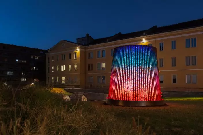 The Hong Kong Economic and Trade Office in Brussels, together with the Culture, Sports and Tourism Bureau, supported Hong Kong artist Wong Chi-yung in presenting his art installation "The Tower of Light - Croatia Edition", at the Visualia Festival of Light in Pula, Croatia, from September 17 to 19 (Pula time). Photo shows the art installation transitioning into a luminous installation at night, displaying numerous colours and patterns. Source: HKSAR Government Press Releases
