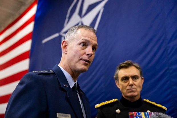Gen. Alexus Grynkewich, NATO Supreme Allied Commander Europe, left, and Gen. Nick Perry, commander of Joint Force Command Norfolk, right, speak to the media after an assumption of command ceremony aboard the USS Nimitz at Naval Station Norfolk in Norfolk, Va., on Sept. 24, 2026. (Peter Casey / The Virginian-Pilot)