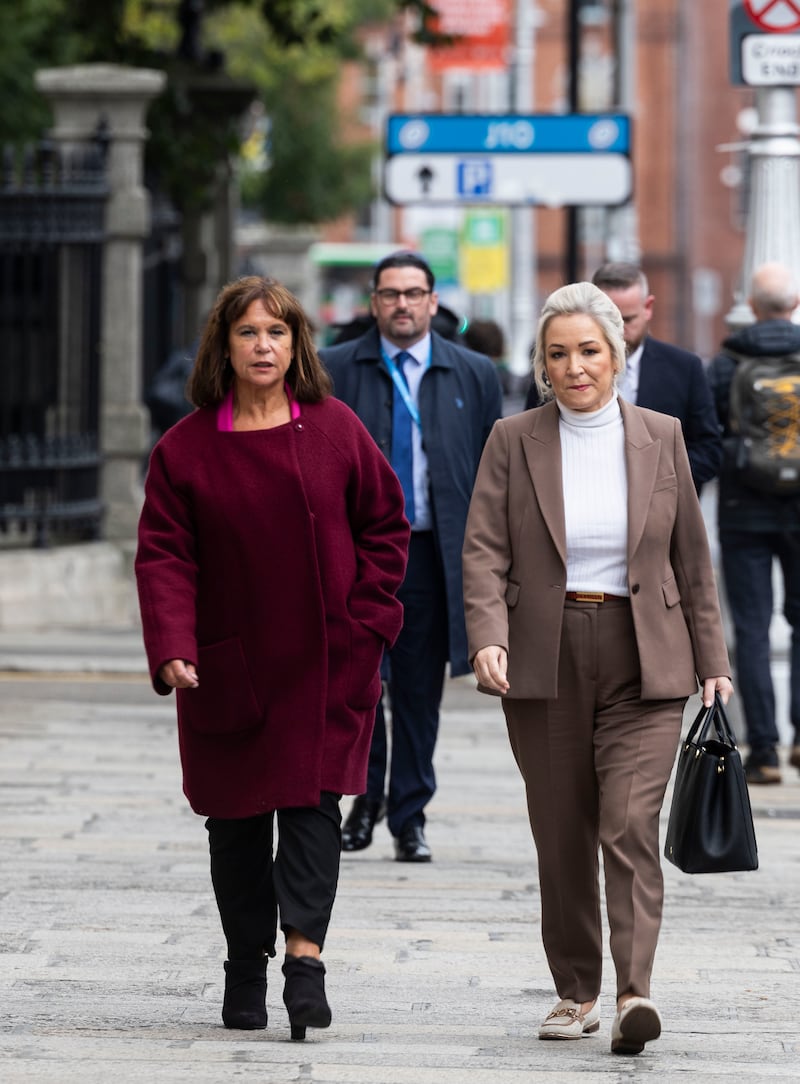 Sinn Fein Leader Mary Lou McDonald and First Minister of Northern Ireland Michelle O’Neil, speaking to the media outside Government Buildings, ahead of a meeting regarding the situation in Portadown. Photograph: SAM BOAL/Collins Photos 