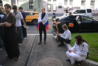 Yabloko supporters outside Russia’s Supreme Court in Moscow during the hearing that led to the party being barred from the election. August 10, 2026