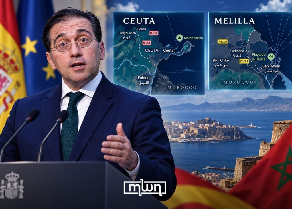 Spain Rules Out Dialogue With Morocco Over Ceuta and Melilla A graphic featuring Spanish Foreign Minister José Manuel Albares speaking at a podium, with maps of Ceuta and Melilla and the Spanish and Moroccan flags in the background, by MWN Design Team.