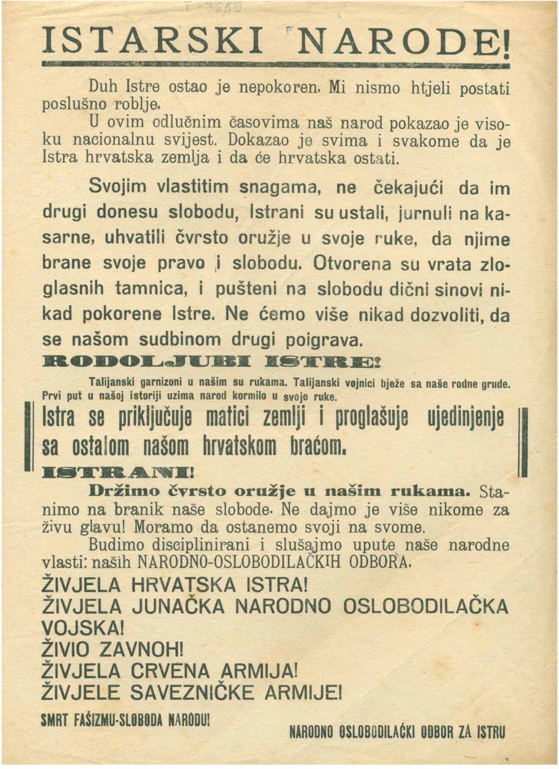 September 13, 1943 - The District NOO makes decisions on the unification of Istria with its motherland, Croatia (with a greeting from SF-SN at the end)