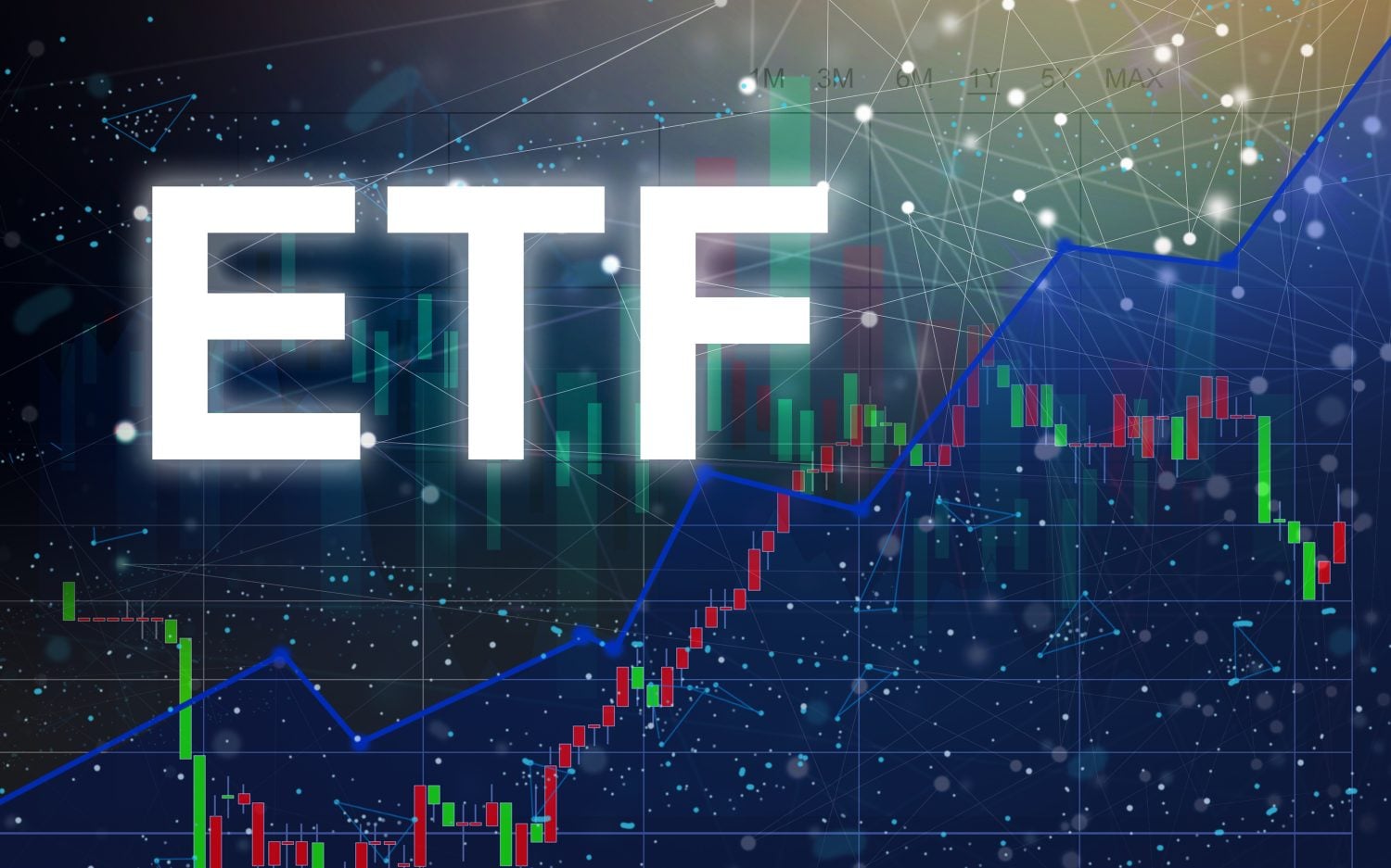 The letters 'ETF' in large, glowing white text are centered over a dark blue background depicting a financial chart. The chart includes a blue line graph trending upwards and green and red candlestick bars, alongside small white text indicating timeframes like '1M', '3M', '6M', '1Y', '5Y', and 'MAX'. Small white dots and faint connecting lines are scattered across the background, creating a digital network effect. The overall impression is one of financial technology and market analysis.