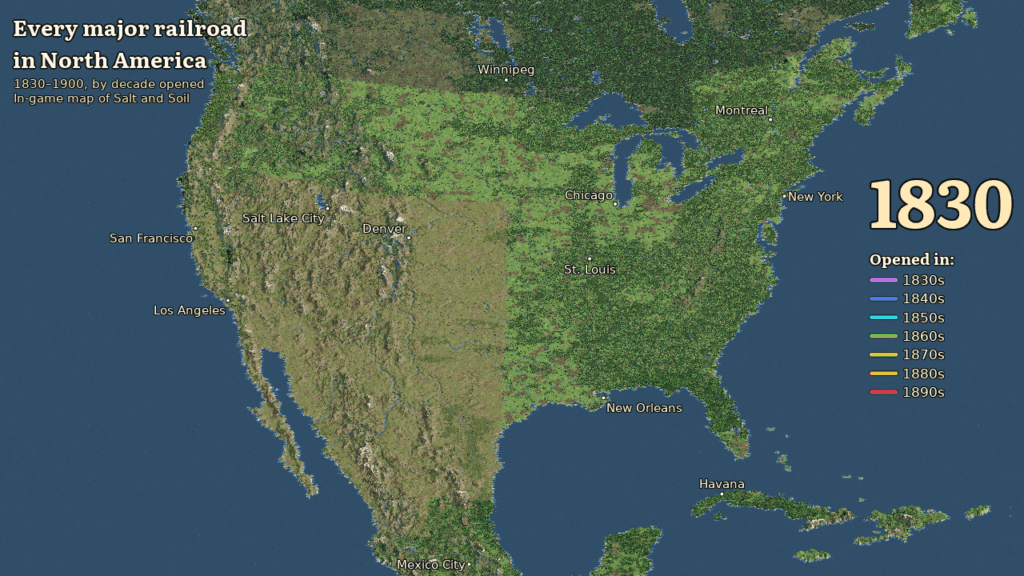 [OC] I needed one railroad for my game and ended up mapping every major line in North America, section by section, 1830–1900