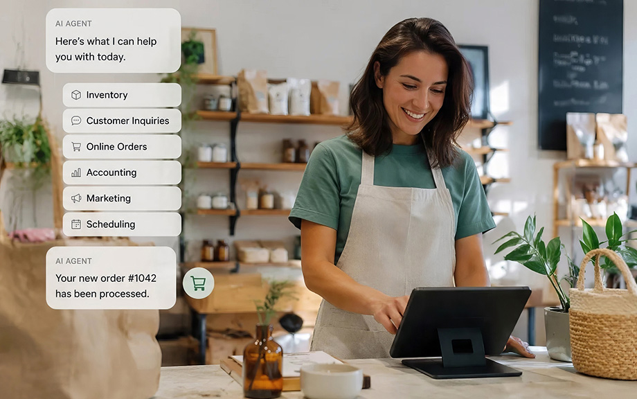 AI Adoption and Employment Expectations: Evidence from a Survey of Small Business Owners AI generated image of small businesswoman looking at her computer screen and on the image is the AI response on how it can help her with online orders, inventory, customer inquiries, etc.