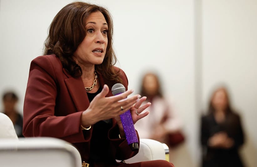 Former US vice president Kamala Harris speaks at the third annual SHE LEADS Conference at SLS Hotel on September 29, 2026 in Los Angeles, California.