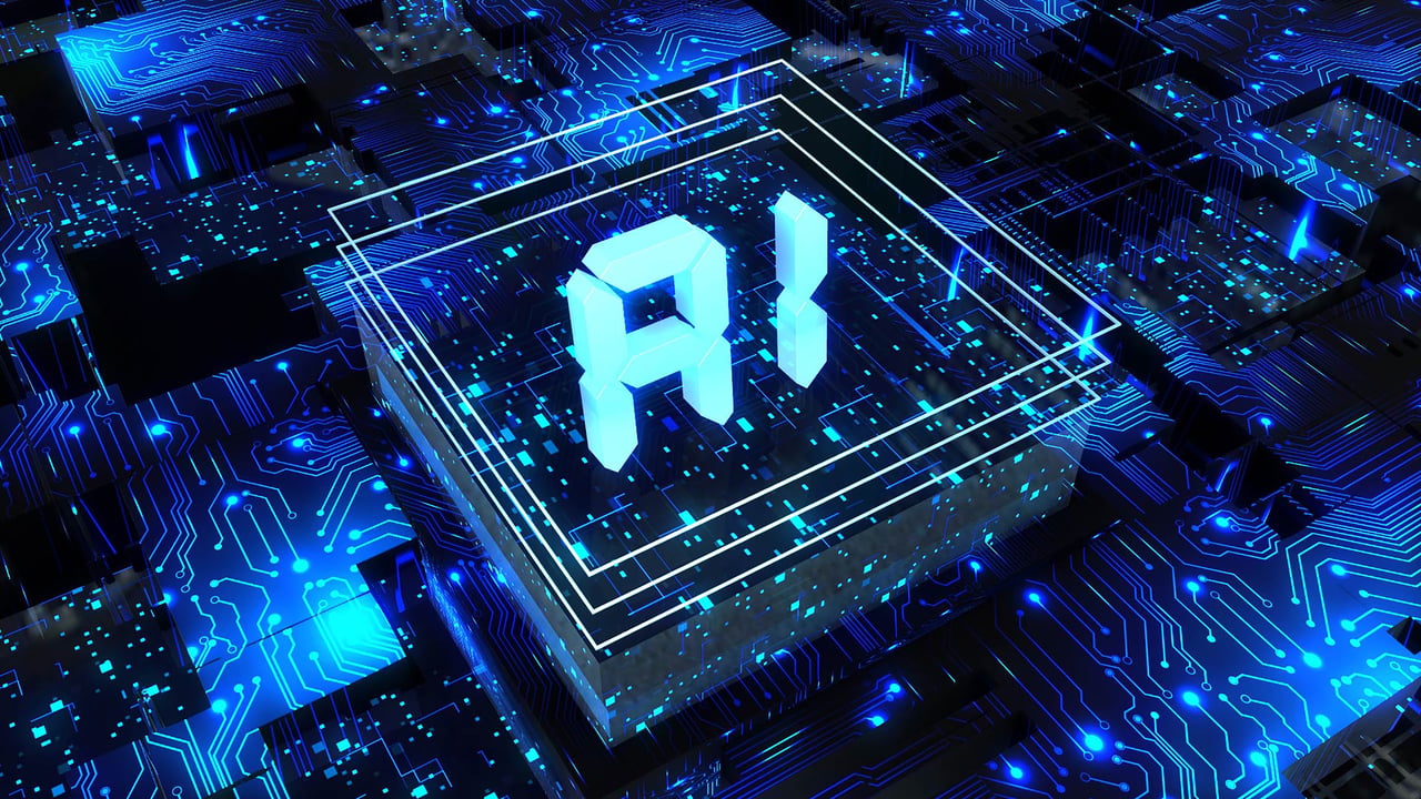 An illlustration of a circuit board and the letters "AI" in the center.