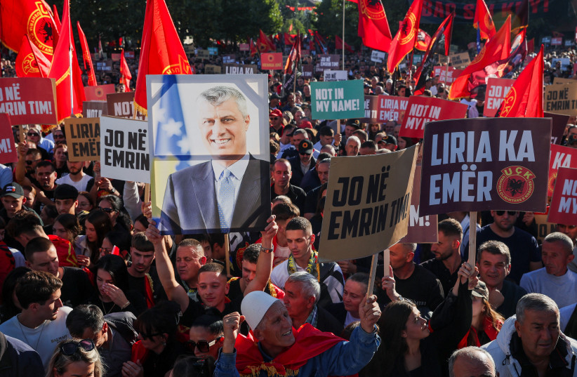 People attend a protest following a Hague court verdict sentencing former Kosovo Liberation Army (KLA) leaders, including former president Hashim Thaci, for war crimes, in Pristina, Kosovo, October 1, 2026.