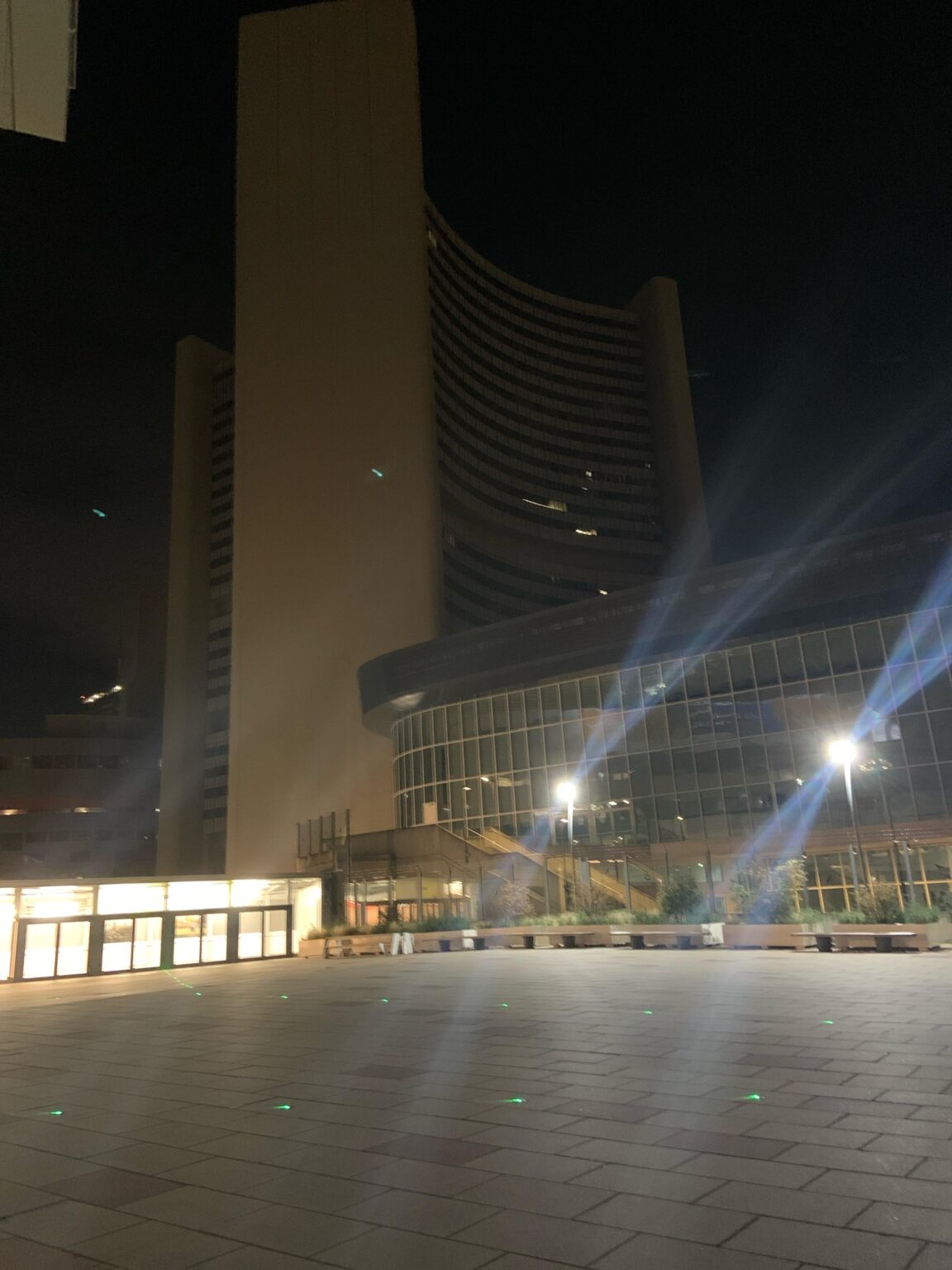 Who works in the UN building late in the evening?