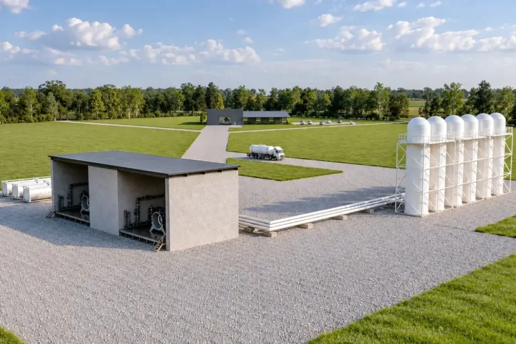 A digital rendering of CRC's proposed design for its rocket engine test facility.