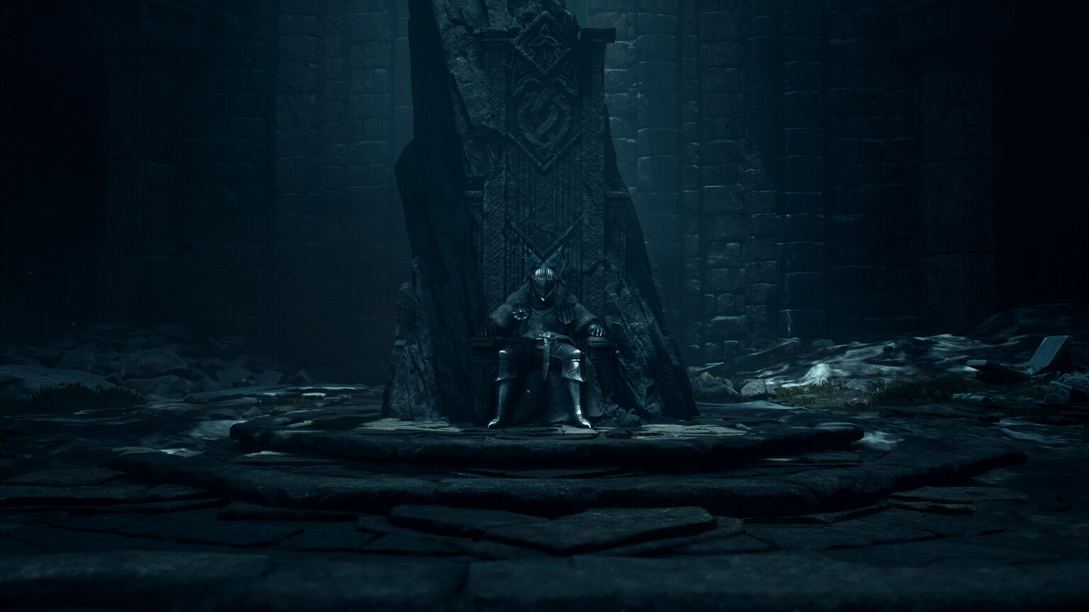 An armoured figure sitting in a stoney throne in Dragon's Dogma 2