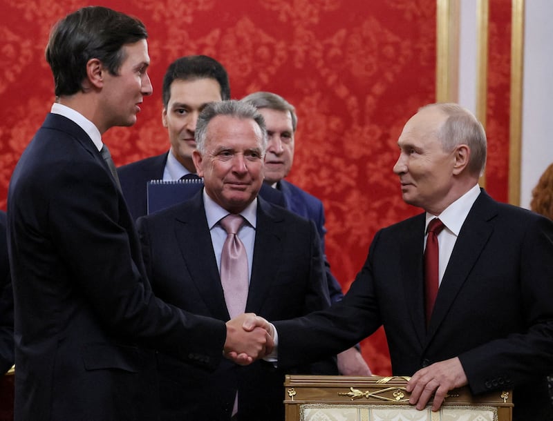 Russian President Vladimir Putin shakes hands with Jared Kushner, U.S. President Donald Trump's son-in-law, as U.S. Special Envoy Steve Witkoff stands nearby during a meeting at the Kremlin in Moscow, Russia, September 5, 2026. Sputnik/Mikhail Metzel/Pool via REUTERS ATTENTION EDITORS - THIS IMAGE WAS PROVIDED BY A THIRD PARTY.     TPX IMAGES OF THE DAY