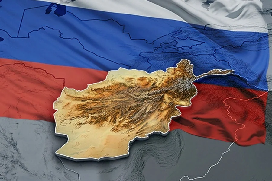 Afghanistan in Russia’s Geopolitical Calculations A relief map of Afghanistan is superimposed on the Russian flag, illustrating Afghanistan’s place in Moscow’s geopolitical calculations. (Photo credit: Magnific)
